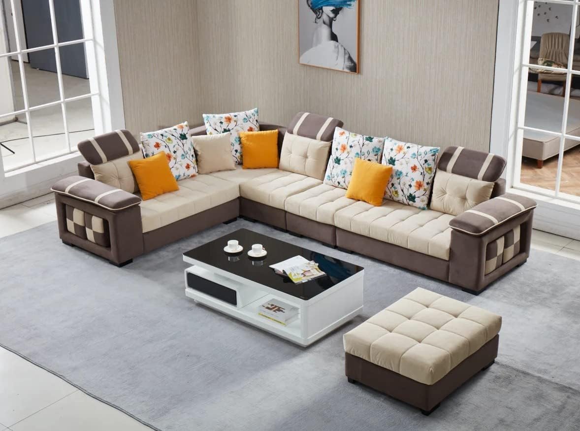 Eiraluxify plutos 9-Seater Brown Sofa Set for Home with Ottoman and Puffy