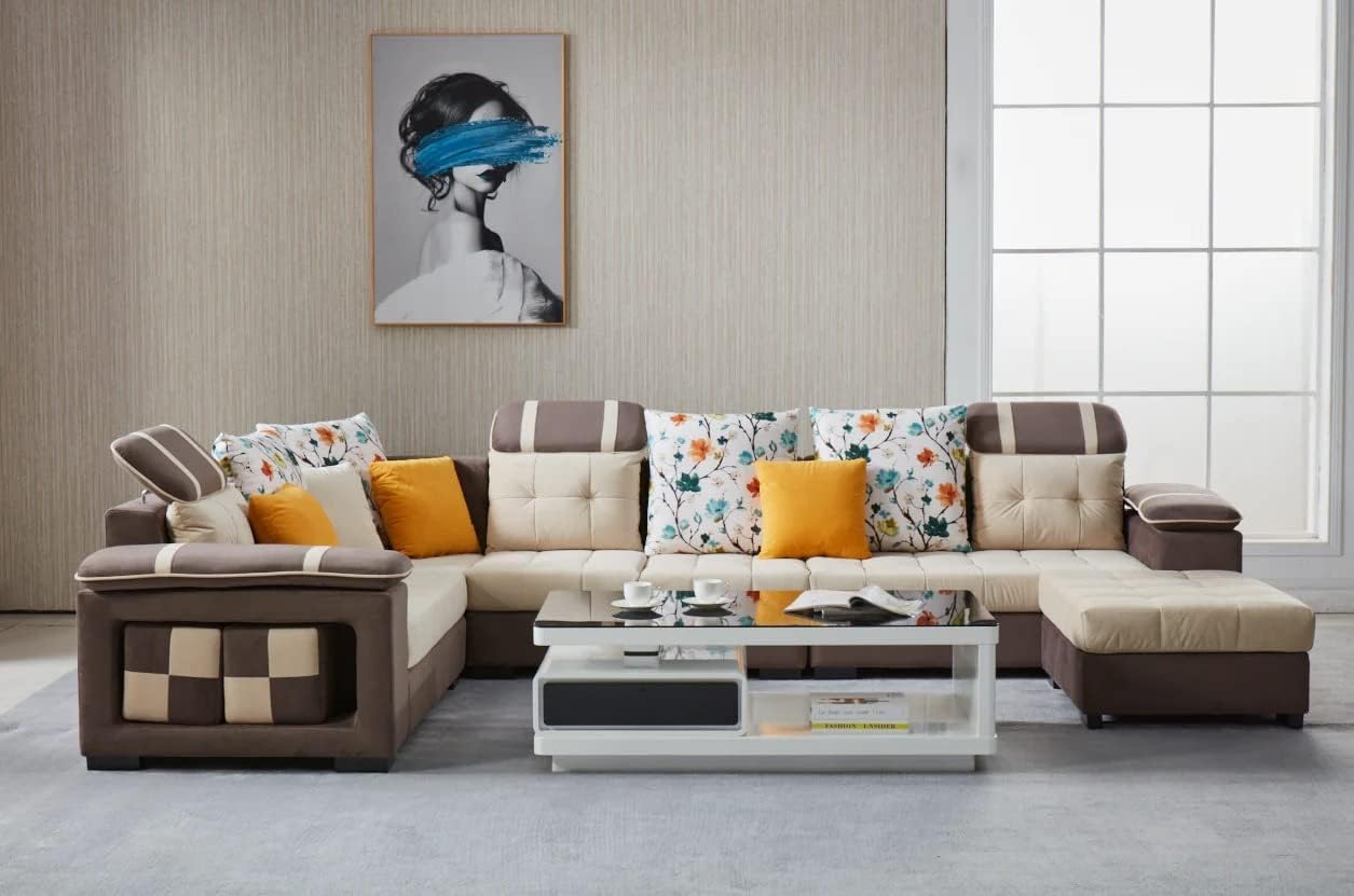 Eiraluxify plutos 9-Seater Brown Sofa Set for Home with Ottoman and Puffy
