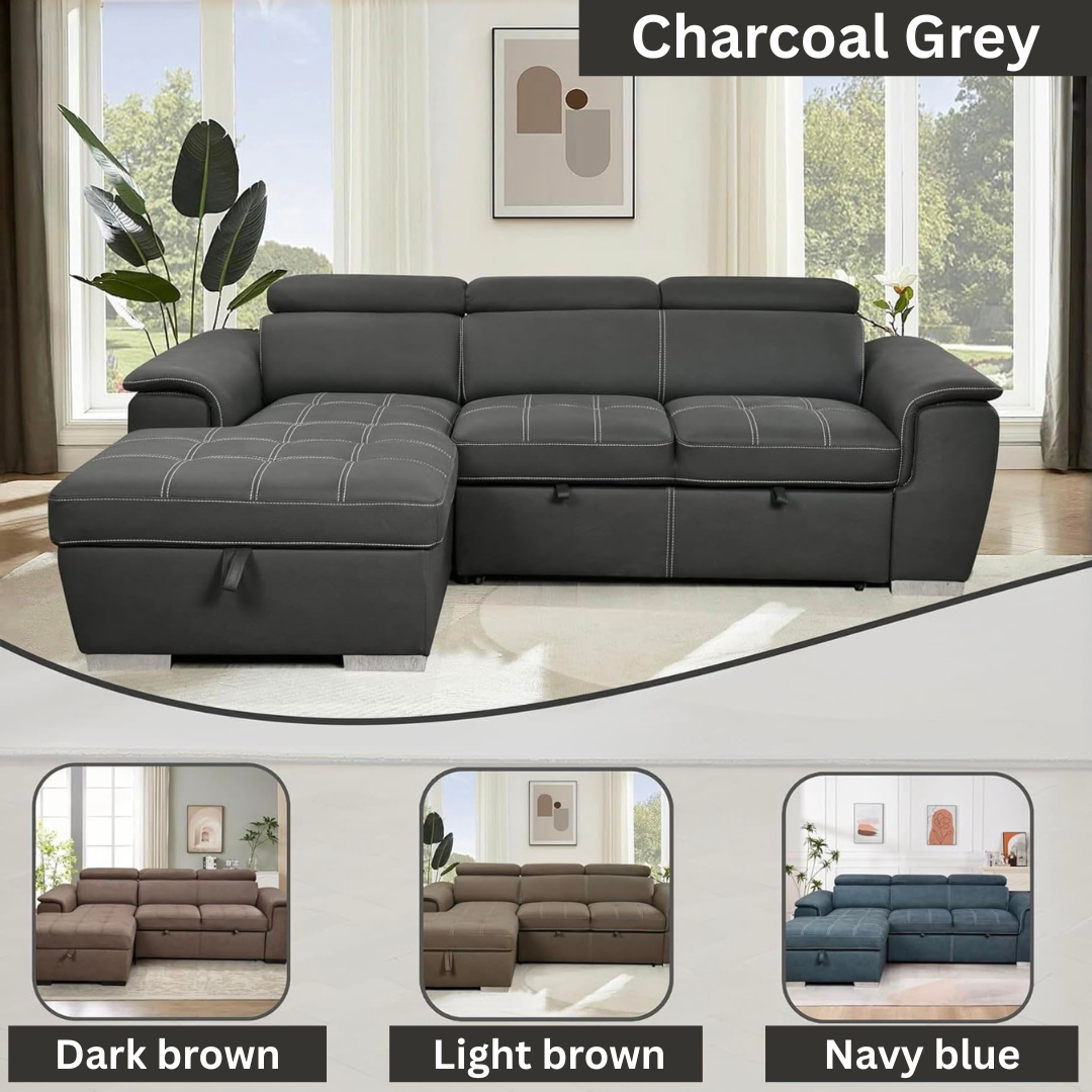 Eiram Oslo 5‑Seater L‑Shape Sofa Cum Bed with Hidden Storage & Magazine Pocket