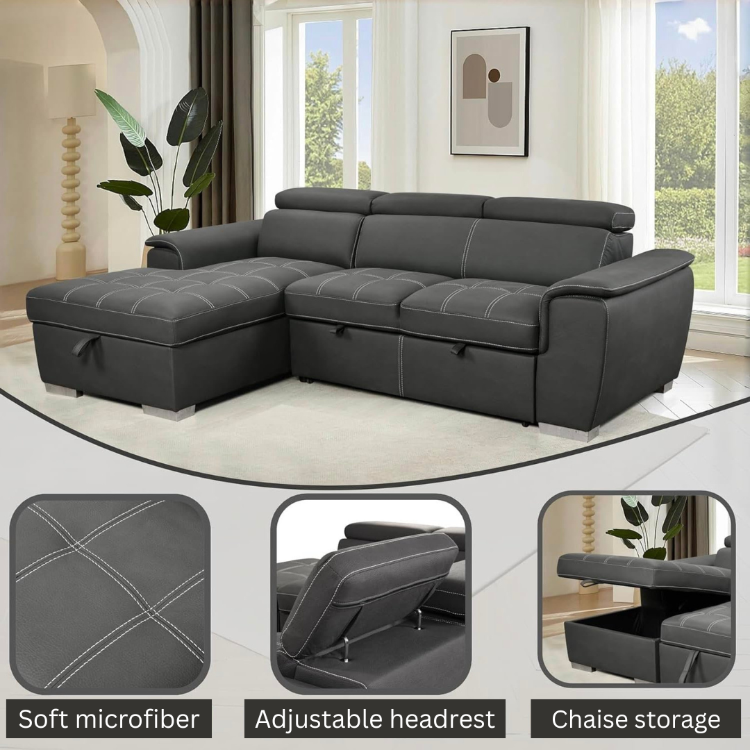 Eiram Oslo 5‑Seater L‑Shape Sofa Cum Bed with Hidden Storage & Magazine Pocket