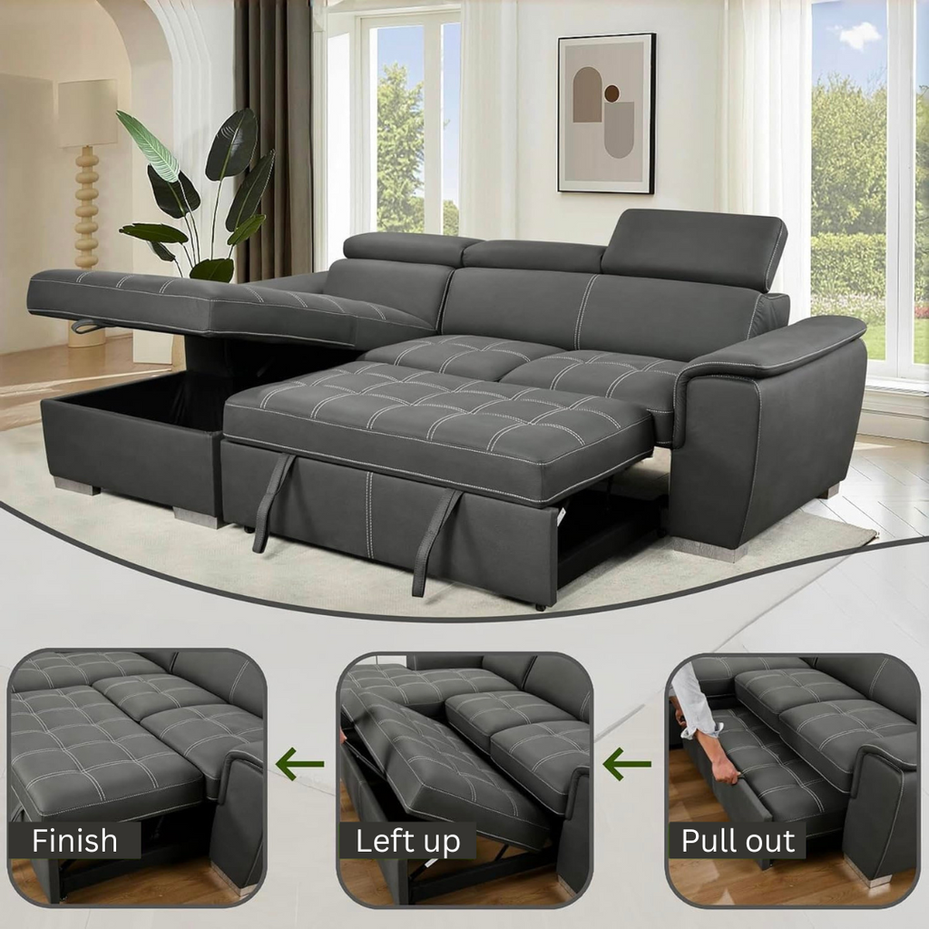 Eiram Oslo 5‑Seater L‑Shape Sofa Cum Bed with Hidden Storage & Magazine Pocket