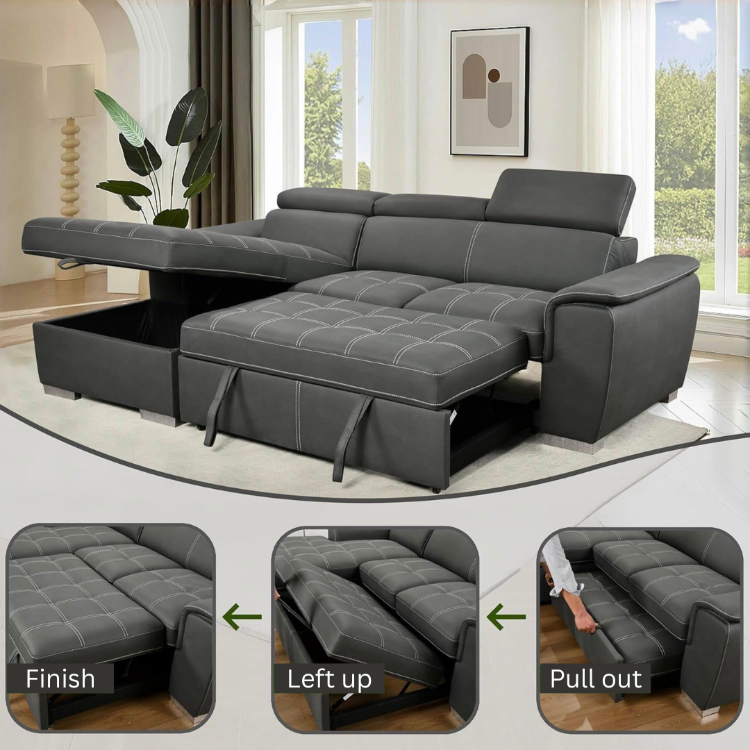 Eiram Oslo 5‑Seater L‑Shape Sofa Cum Bed with Hidden Storage & Magazine Pocket