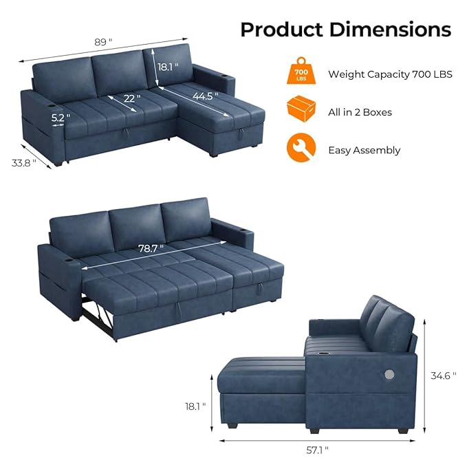 Eiram Berlin 5‑Seater L‑Shape Sofa Cum Bed with Hidden Storage & Magazine Pocket