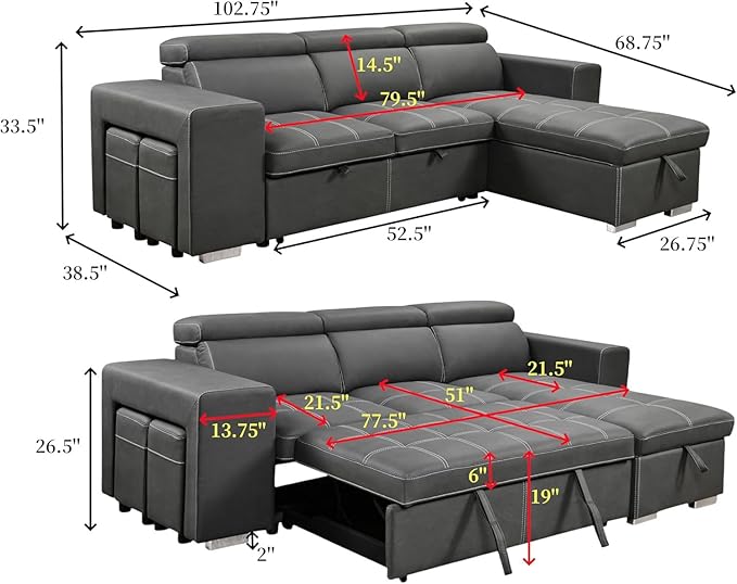 Eiram Flexora Luxe 5‑Seater L‑Shape Sofa Cum Bed with Pull‑Out Bed & Storage