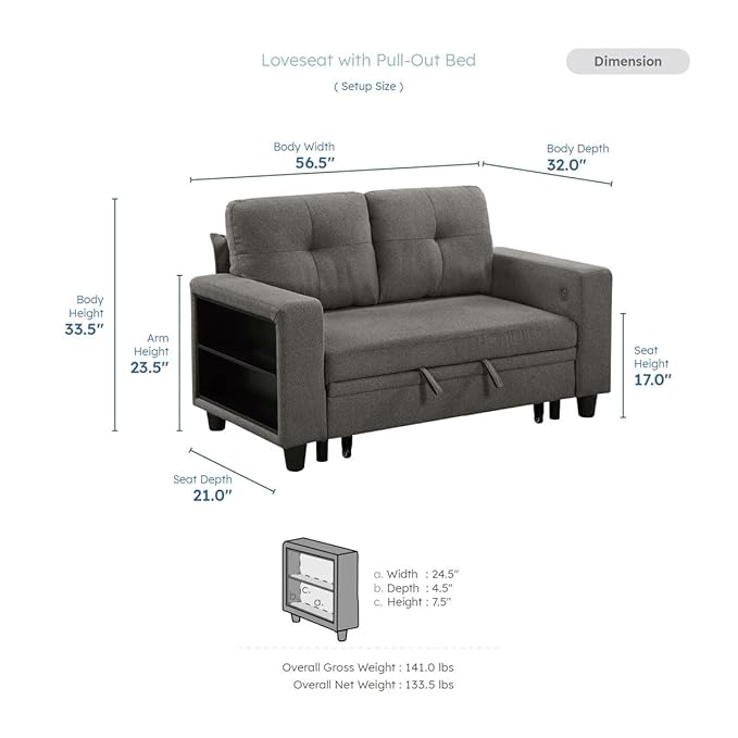 Eiram Damon 2‑Seater Sofa Cum Bed with Pull‑Out Bed & Side Shelf Storage