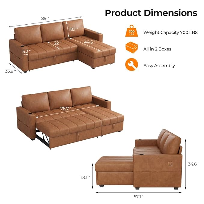 Eiram Berlin 5‑Seater L‑Shape Sofa Cum Bed with Hidden Storage & Magazine Pocket