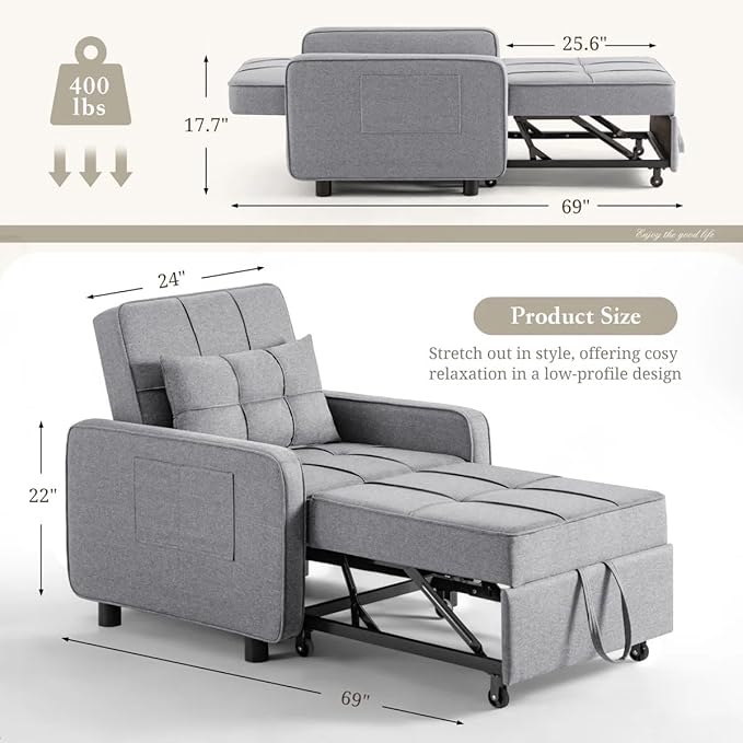Eiram SoloRest 1-Seater Sofa Cum Bed with Pull-Out Bed Extension