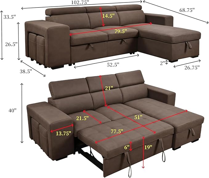 Eiram Flexora Luxe 5‑Seater L‑Shape Sofa Cum Bed with Pull‑Out Bed & Storage