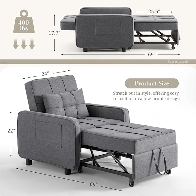 Eiram SoloRest 1-Seater Sofa Cum Bed with Pull-Out Bed Extension