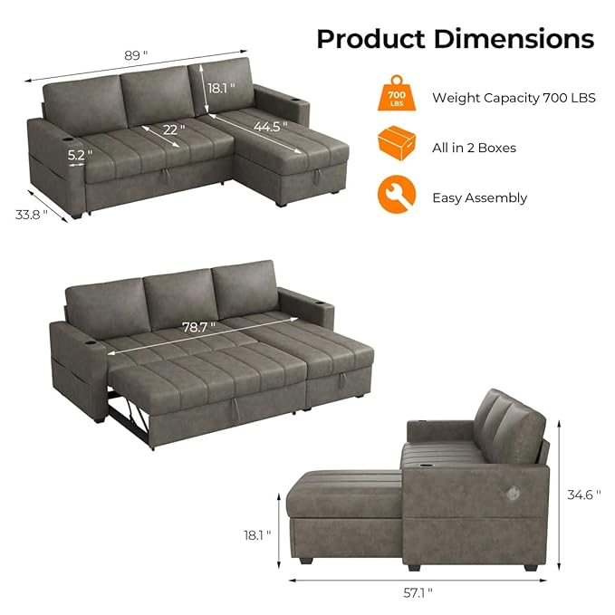 Eiram Berlin 5‑Seater L‑Shape Sofa Cum Bed with Hidden Storage & Magazine Pocket
