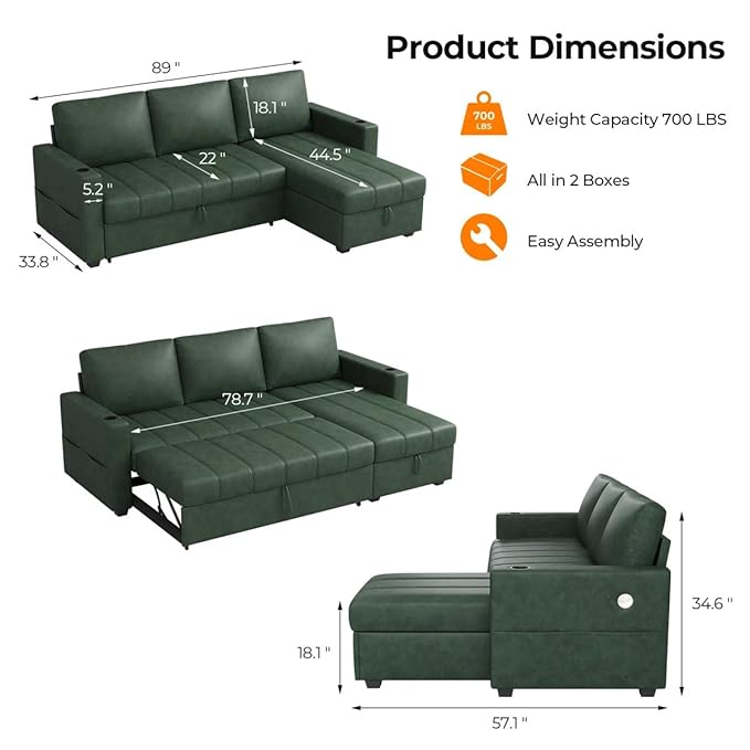 Eiram Berlin 5‑Seater L‑Shape Sofa Cum Bed with Hidden Storage & Magazine Pocket