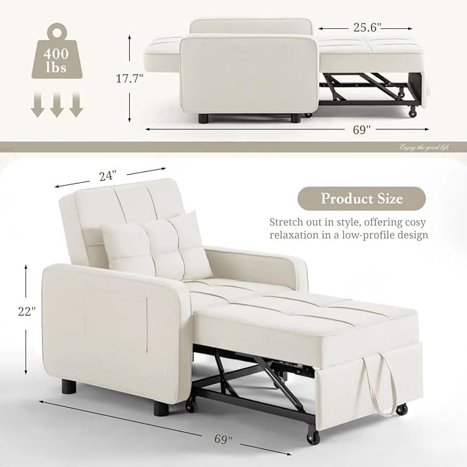 Eiraluxify SoloRest 1-Seater Sofa Cum Bed with Pull-Out Bed Extension