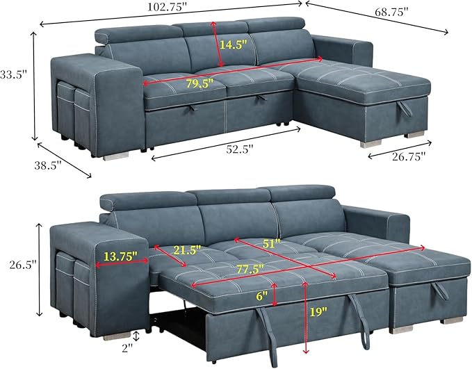Eiram Flexora Luxe 5‑Seater L‑Shape Sofa Cum Bed with Pull‑Out Bed & Storage