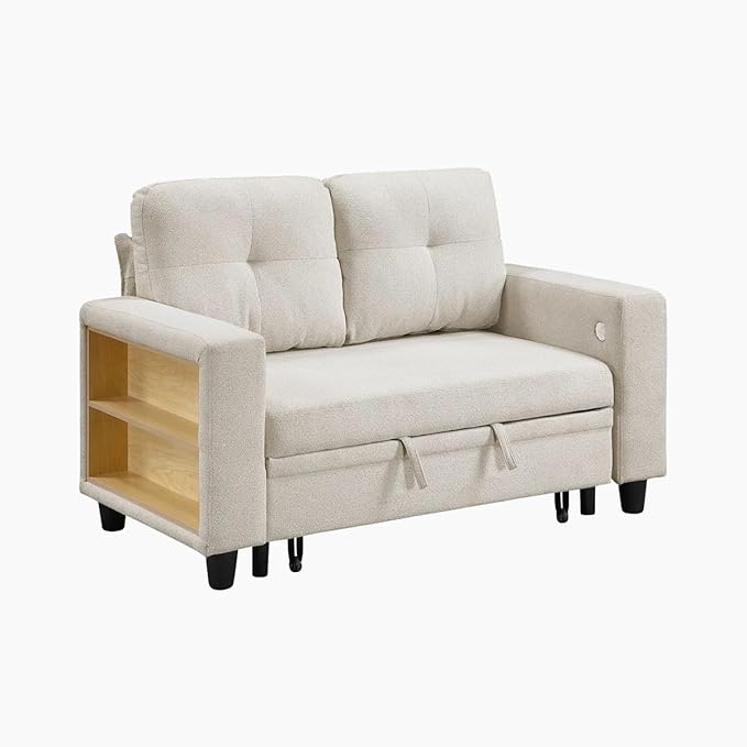 Eiram Damon 2‑Seater Sofa Cum Bed with Pull‑Out Bed & Side Shelf Storage