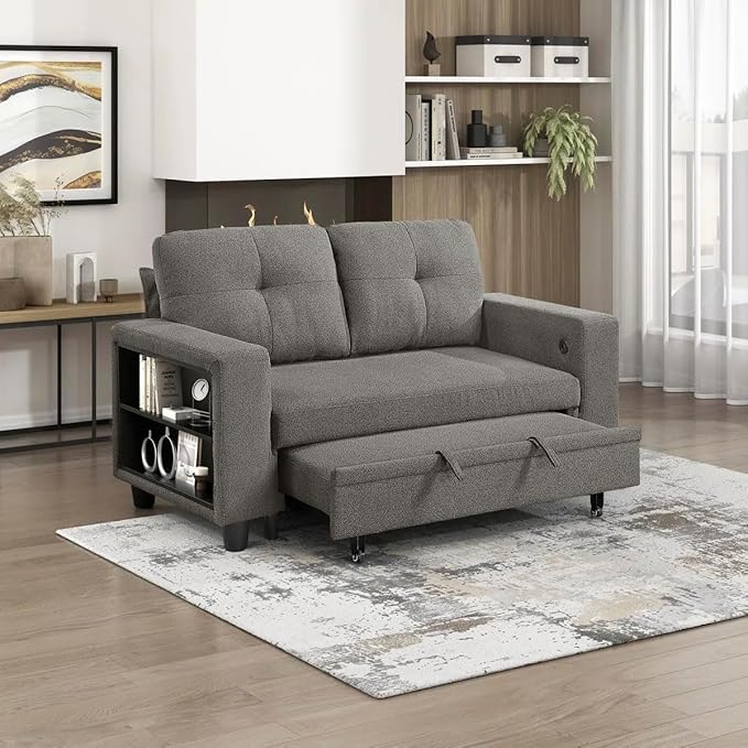 Eiram Damon 2‑Seater Sofa Cum Bed with Pull‑Out Bed & Side Shelf Storage