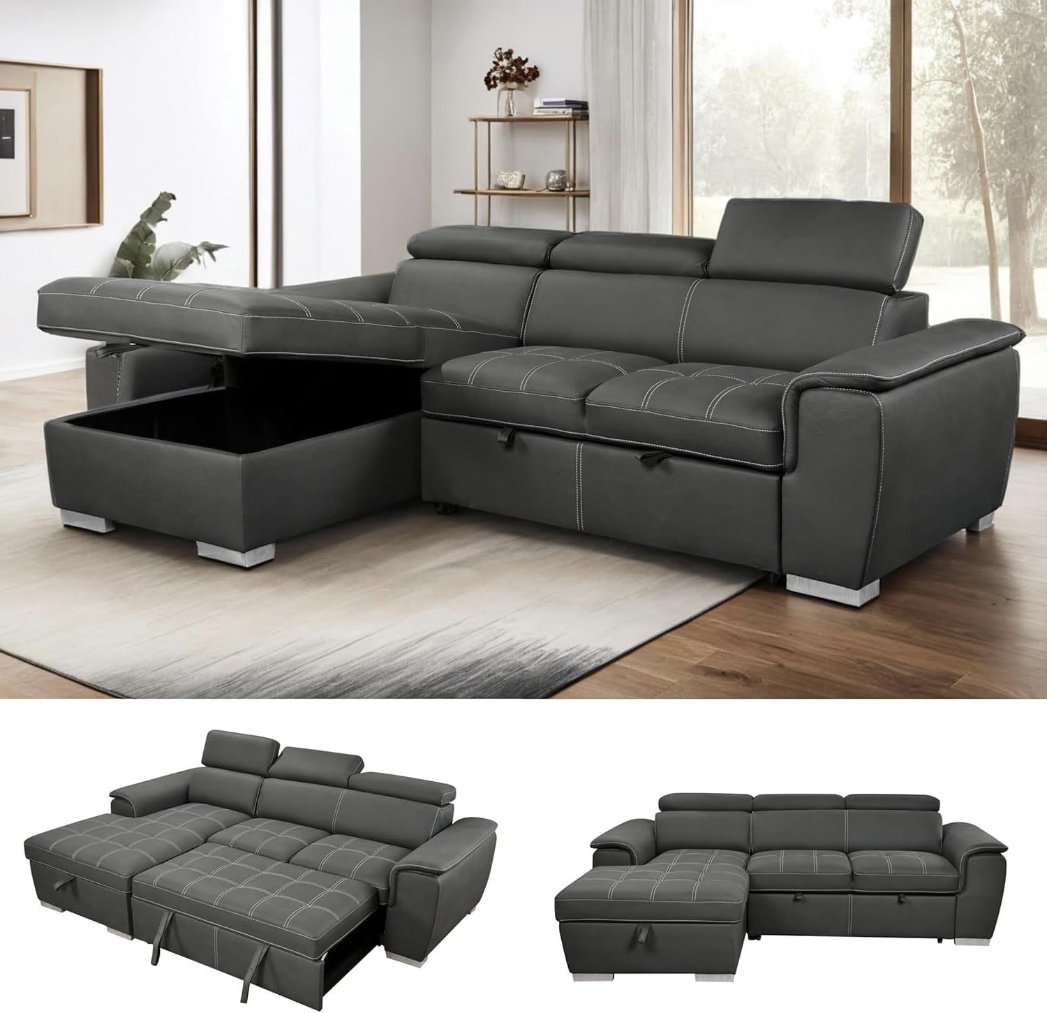 Eiram Oslo 5‑Seater L‑Shape Sofa Cum Bed with Hidden Storage & Magazine Pocket