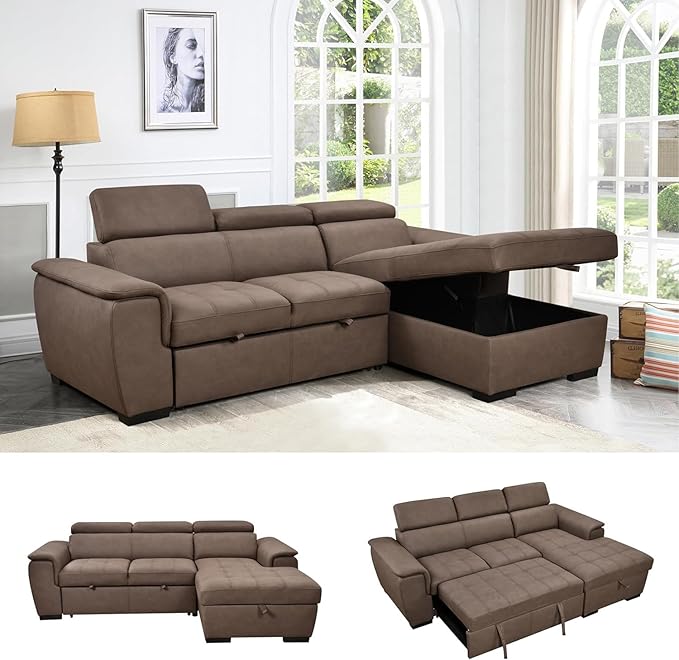Eiram Oslo 5‑Seater L‑Shape Sofa Cum Bed with Hidden Storage & Magazine Pocket