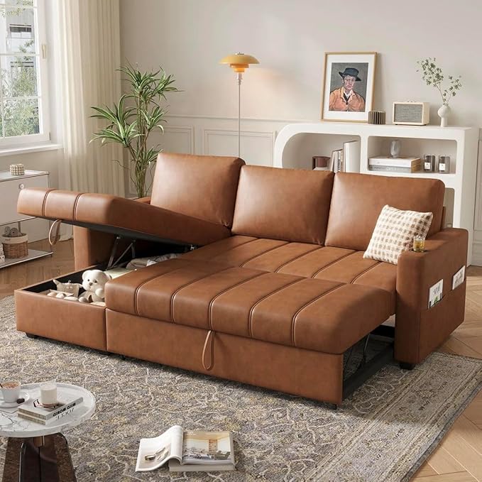Eiram Berlin 5‑Seater L‑Shape Sofa Cum Bed with Hidden Storage & Magazine Pocket