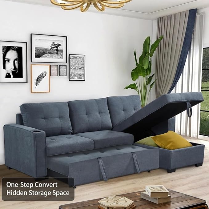 Eiram Berlin 5‑Seater L‑Shape Sofa Cum Bed with Hidden Storage & Magazine Pocket