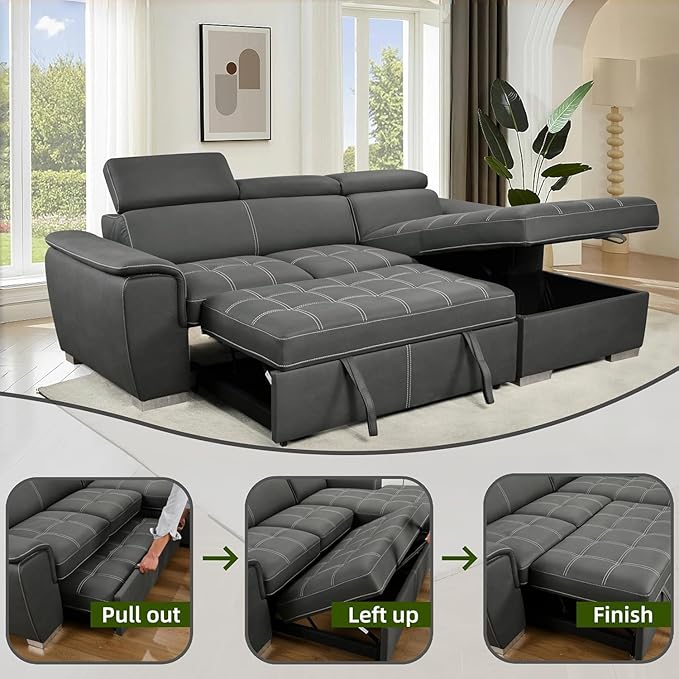 Eiram Oslo 5‑Seater L‑Shape Sofa Cum Bed with Hidden Storage & Magazine Pocket