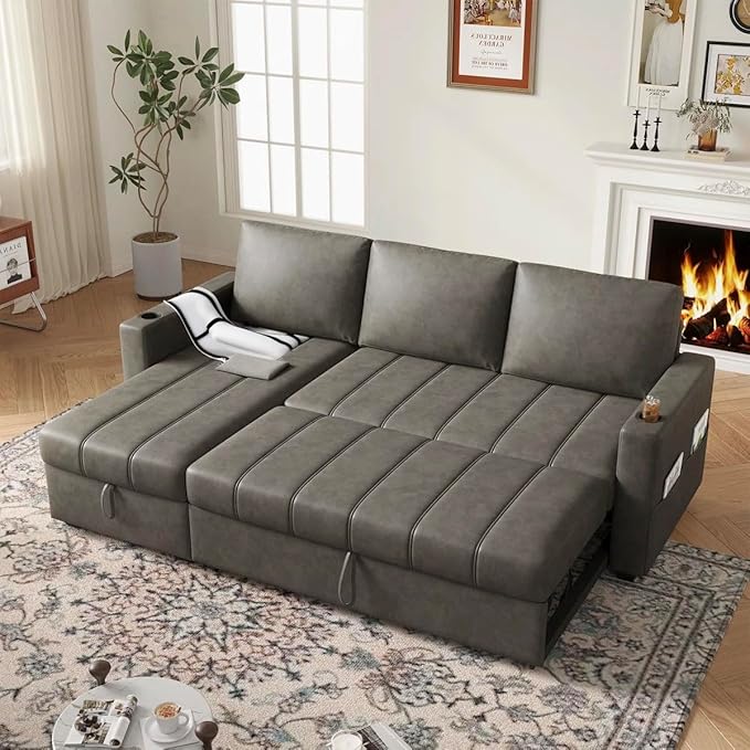 Eiram Berlin 5‑Seater L‑Shape Sofa Cum Bed with Hidden Storage & Magazine Pocket