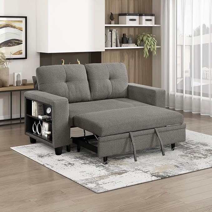 Eiram Damon 2‑Seater Sofa Cum Bed with Pull‑Out Bed & Side Shelf Storage