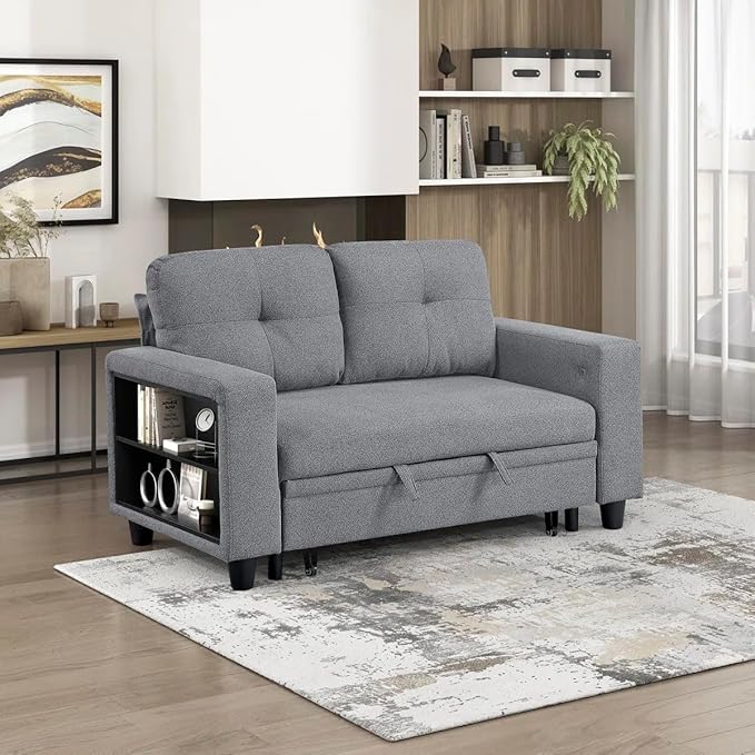Eiram Damon 2‑Seater Sofa Cum Bed with Pull‑Out Bed & Side Shelf Storage
