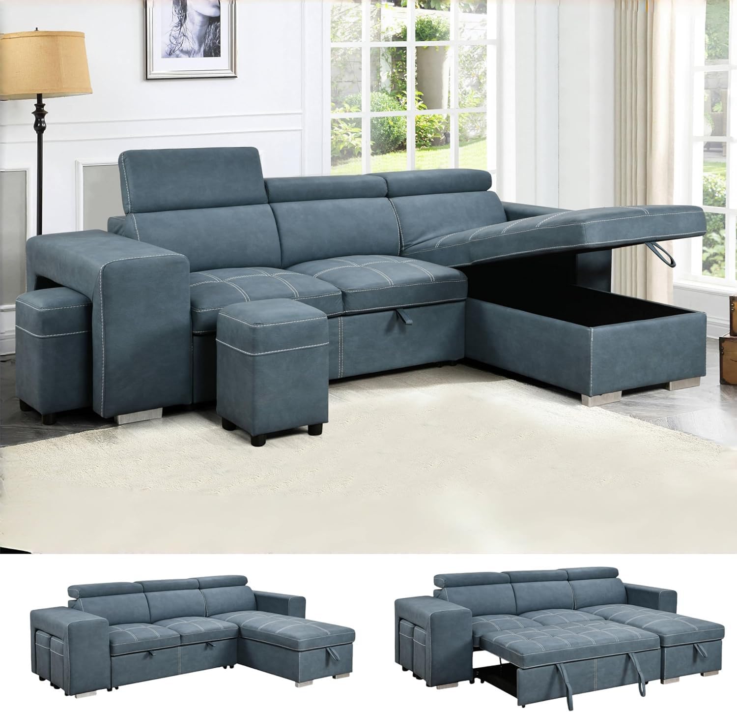 Eiram Flexora Luxe 5‑Seater L‑Shape Sofa Cum Bed with Pull‑Out Bed & Storage