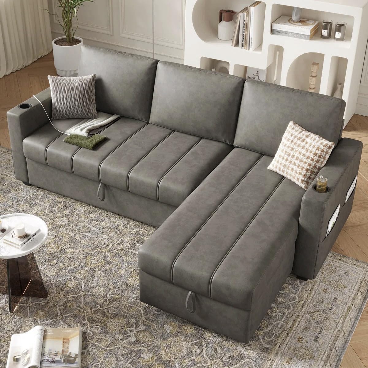 Eiram Berlin 5‑Seater L‑Shape Sofa Cum Bed with Hidden Storage & Magazine Pocket