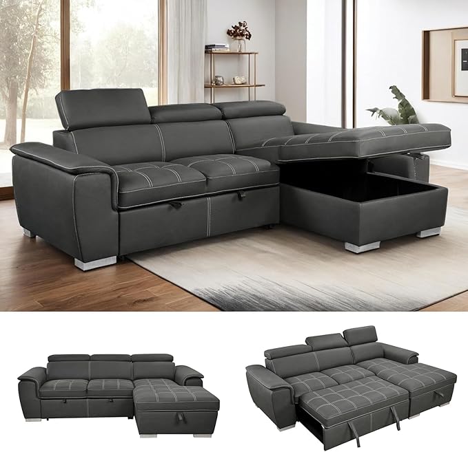 Eiram Oslo 5‑Seater L‑Shape Sofa Cum Bed with Hidden Storage & Magazine Pocket