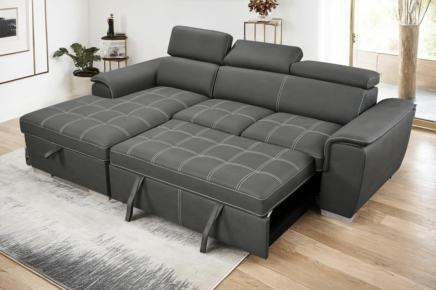 Eiram Oslo 5‑Seater L‑Shape Sofa Cum Bed with Hidden Storage & Magazine Pocket