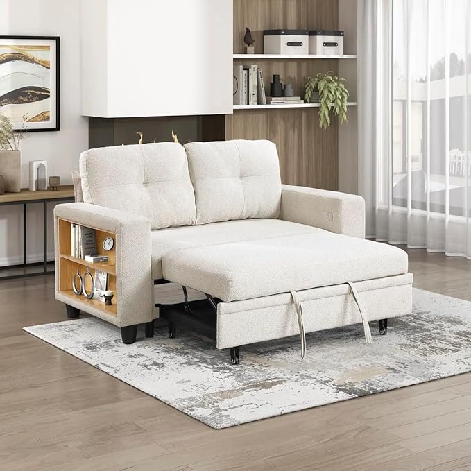 Eiram Damon 2‑Seater Sofa Cum Bed with Pull‑Out Bed & Side Shelf Storage