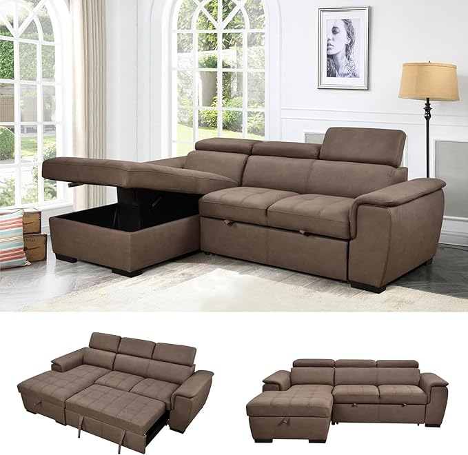 Eiram Oslo 5‑Seater L‑Shape Sofa Cum Bed with Hidden Storage & Magazine Pocket