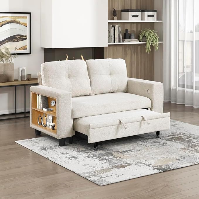 Eiram Damon 2‑Seater Sofa Cum Bed with Pull‑Out Bed & Side Shelf Storage
