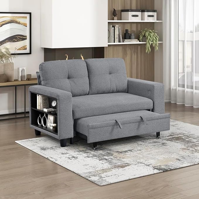 Eiram Damon 2‑Seater Sofa Cum Bed with Pull‑Out Bed & Side Shelf Storage