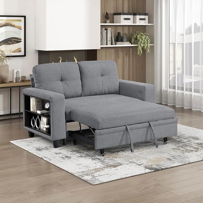Eiram Damon 2‑Seater Sofa Cum Bed with Pull‑Out Bed & Side Shelf Storage