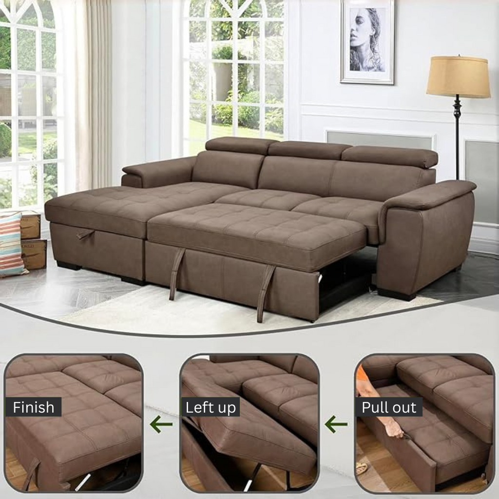 Eiram Oslo 5‑Seater L‑Shape Sofa Cum Bed with Hidden Storage & Magazine Pocket