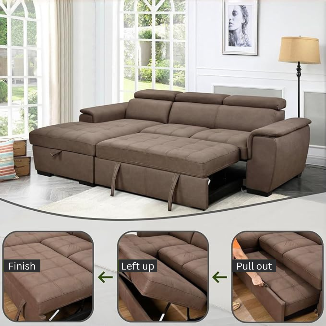 Eiram Oslo 5‑Seater L‑Shape Sofa Cum Bed with Hidden Storage & Magazine Pocket