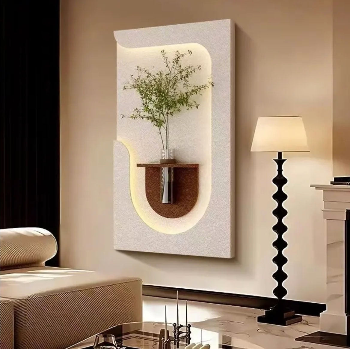 Luxury Sandstone Wall Décor with Vase and Warm Lighting – A Sophisticated Home Addition